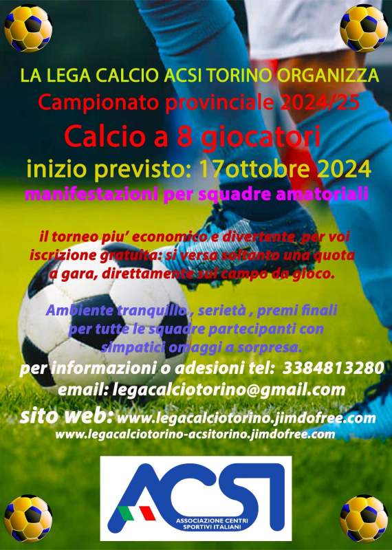 Campionato di calcio a 8 da Ottobre 2024 in Torino con iscrizione gratuita.