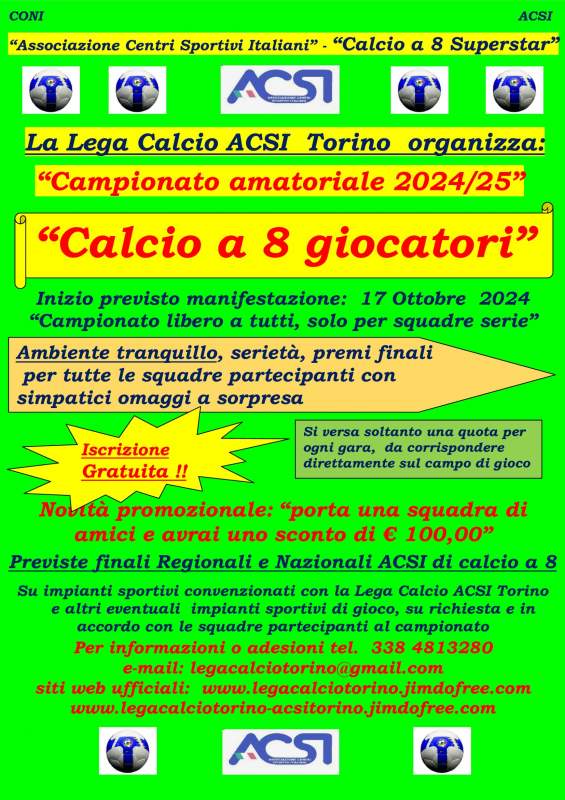 Campionato di calcio a 8 da Ottobre 2024 in Torino con iscrizione gratuita.